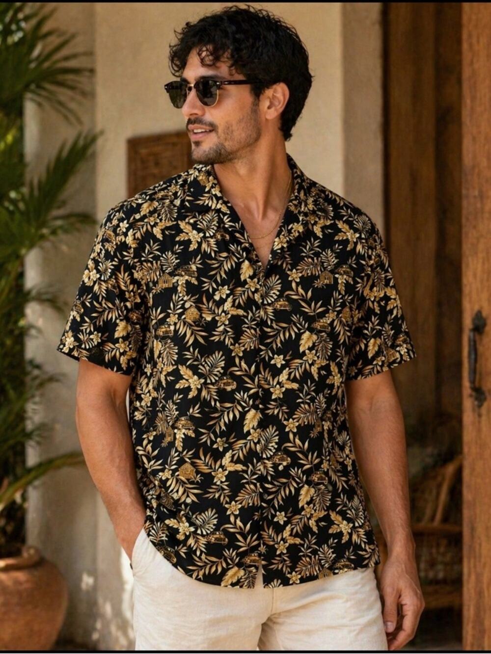 Pierre Cardin Hawaiian Shirt XL Black Gold Tropical Camp Button Up Cotton